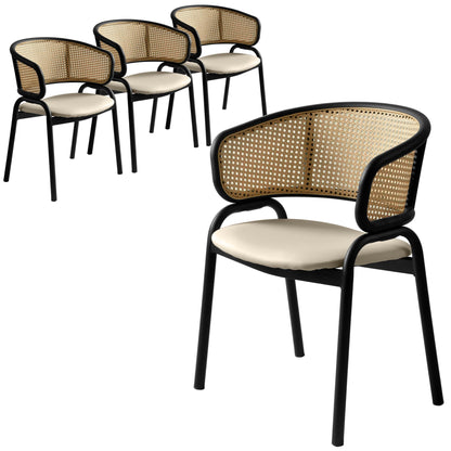 Ervilla Leather Upholstered Dining Armchair With Wicker Back Design Set of 4 - Elax Furniture