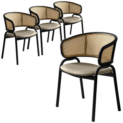 Ervilla Leather Upholstered Dining Armchair With Wicker Back Design Set of 4 - Elax Furniture