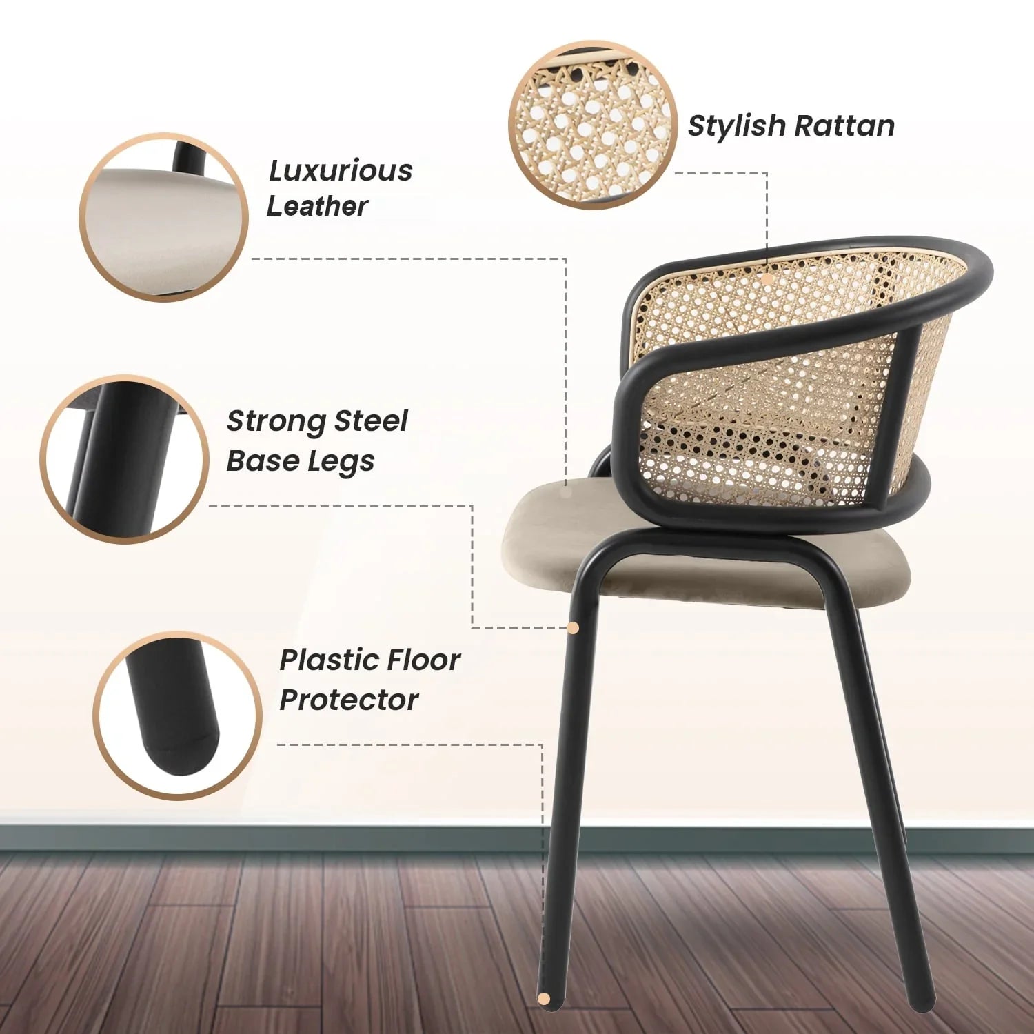 Ervilla Leather Upholstered Dining Armchair With Wicker Back Design - Elax Furniture