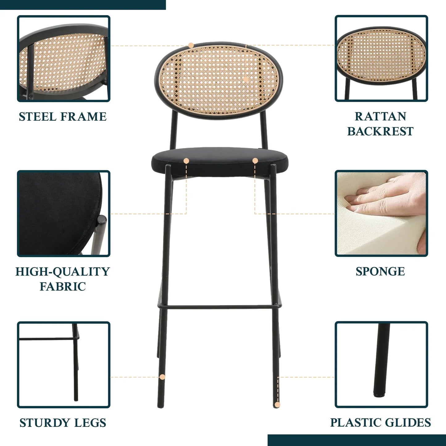 Euston Wicker Bar Stool with Black Powder Coated Steel Frame and Footrest, Set of 2 - Elax Furniture