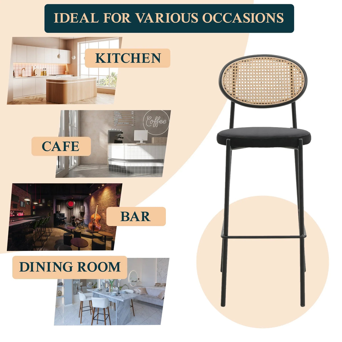 Euston Wicker Bar Stool with Black Powder Coated Steel Frame and Footrest - Elax Furniture