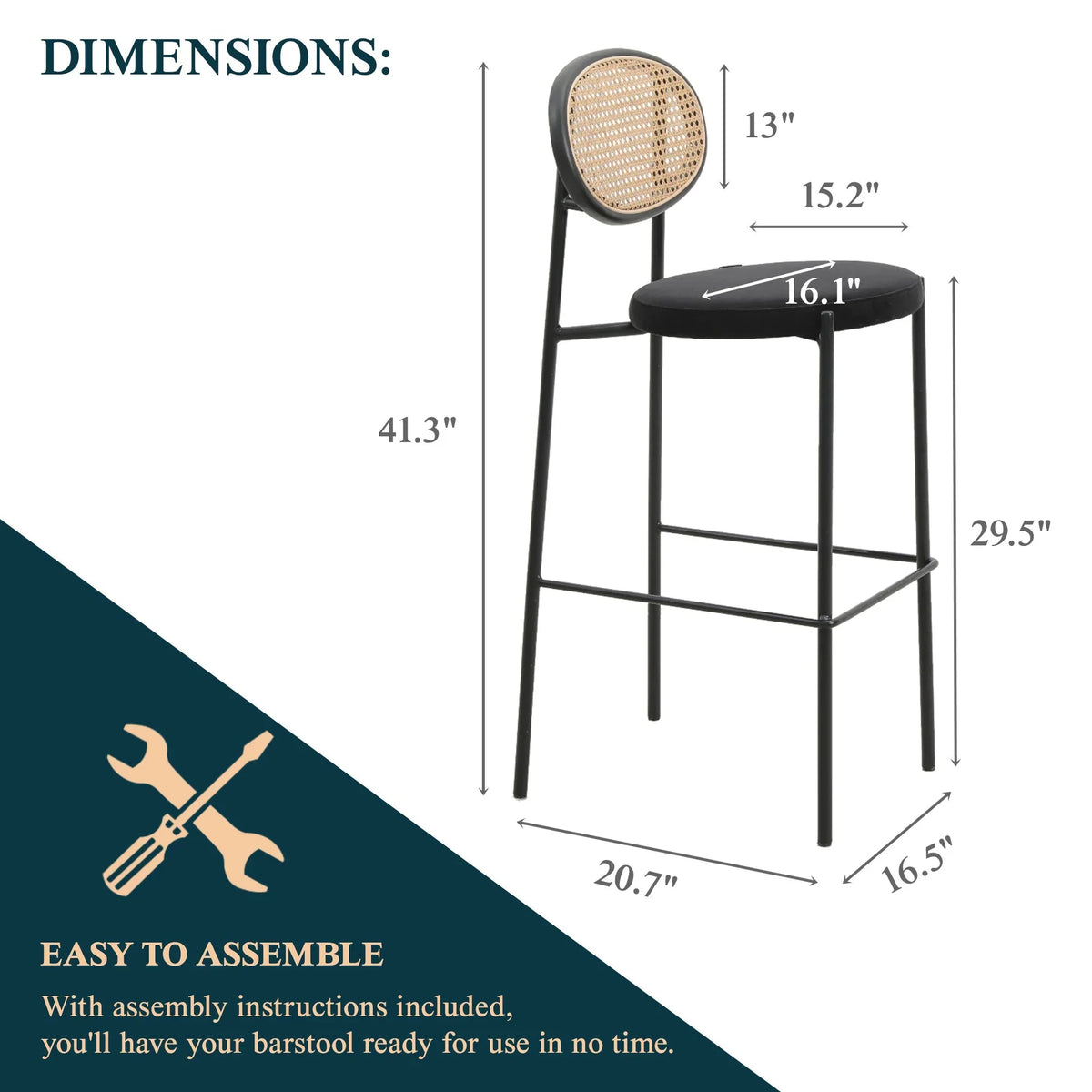 Euston Wicker Bar Stool with Black Powder Coated Steel Frame and Footrest - Elax Furniture