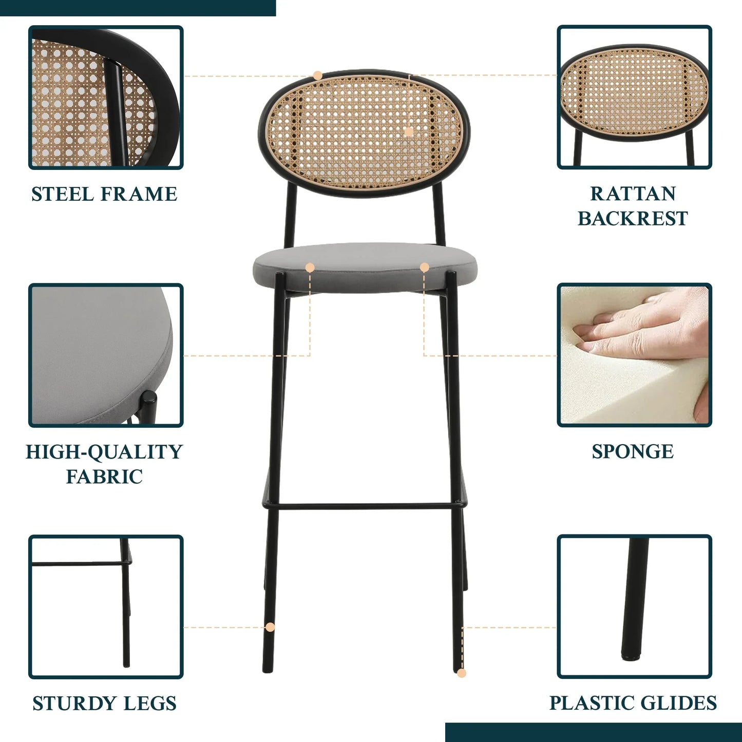 Euston Wicker Bar Stool with Black Powder Coated Steel Frame and Footrest, Set of 2 - Elax Furniture