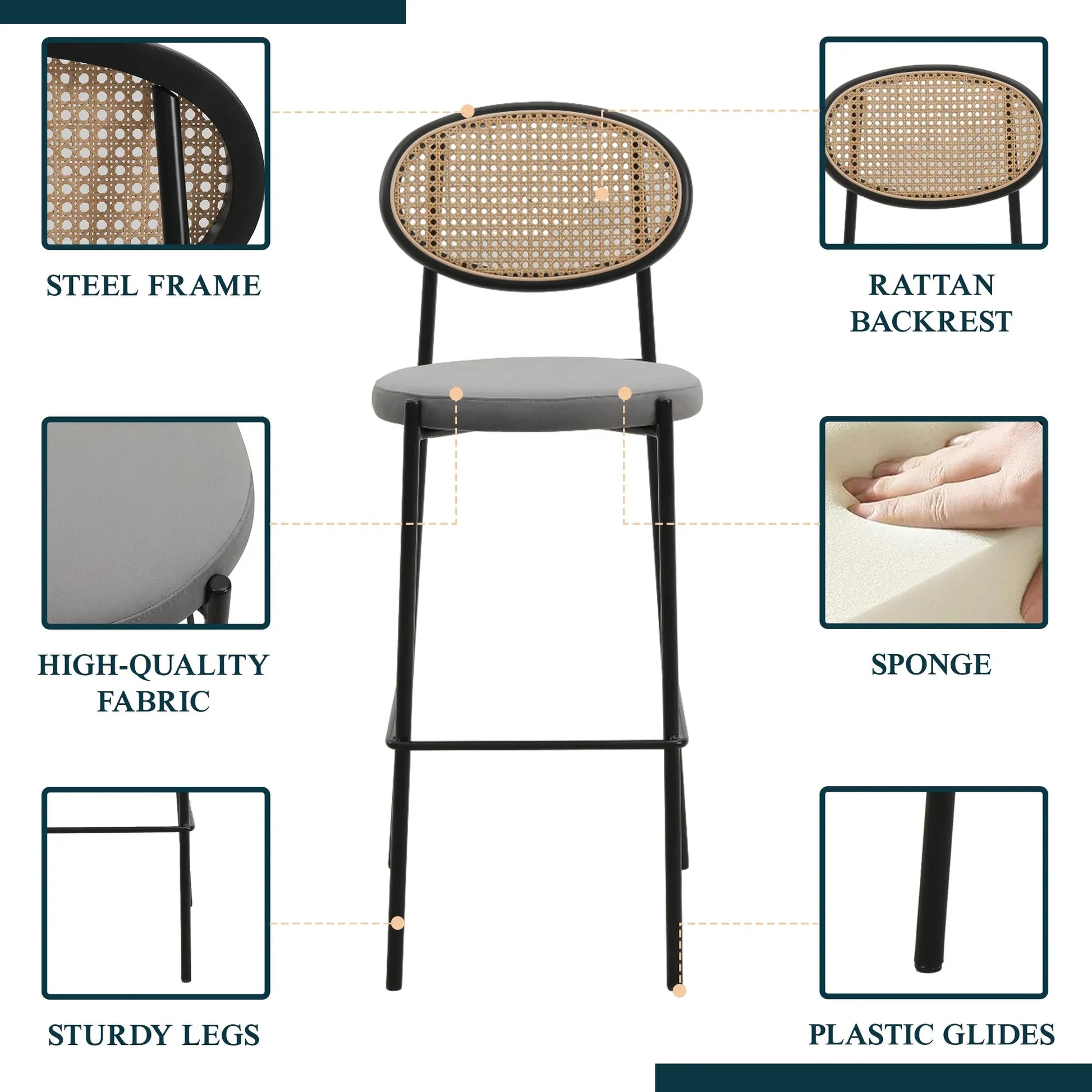 Euston Wicker Bar Stool with Black Powder Coated Steel Frame and Footrest - Elax Furniture