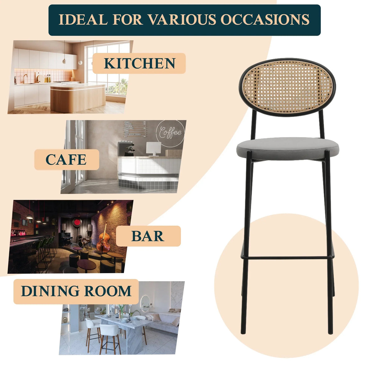 Euston Wicker Bar Stool with Black Powder Coated Steel Frame and Footrest - Elax Furniture