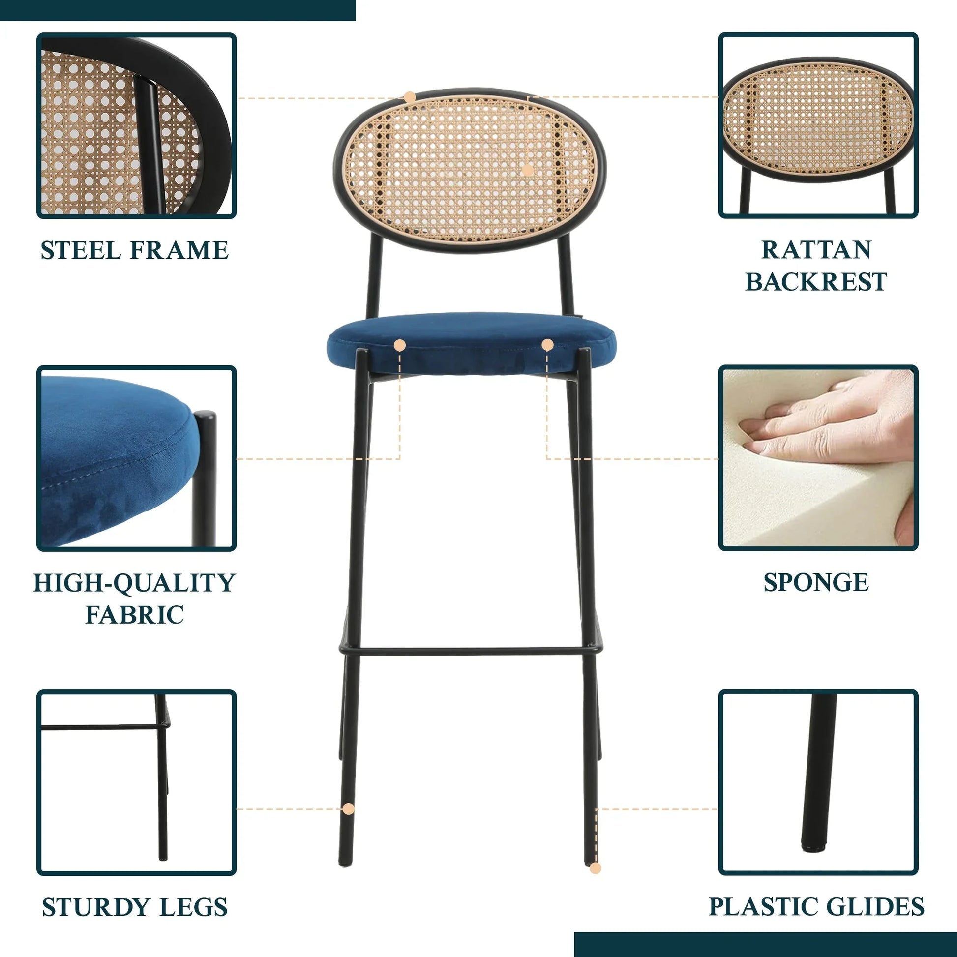 Euston Wicker Bar Stool with Black Powder Coated Steel Frame and Footrest - Elax Furniture
