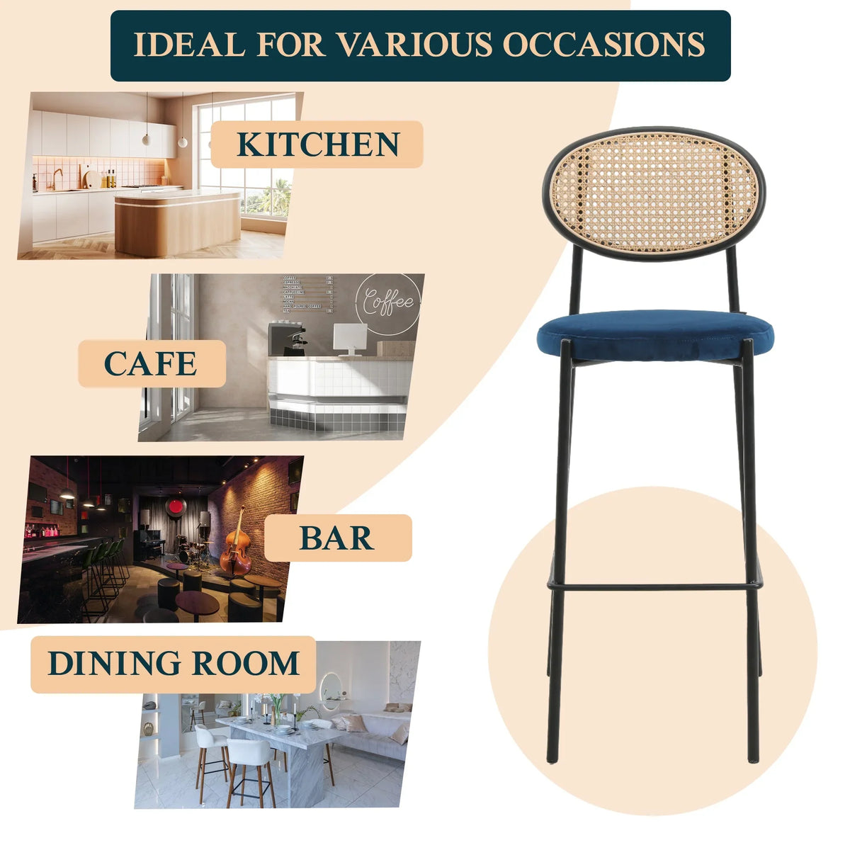 Euston Wicker Bar Stool with Black Powder Coated Steel Frame and Footrest - Elax Furniture