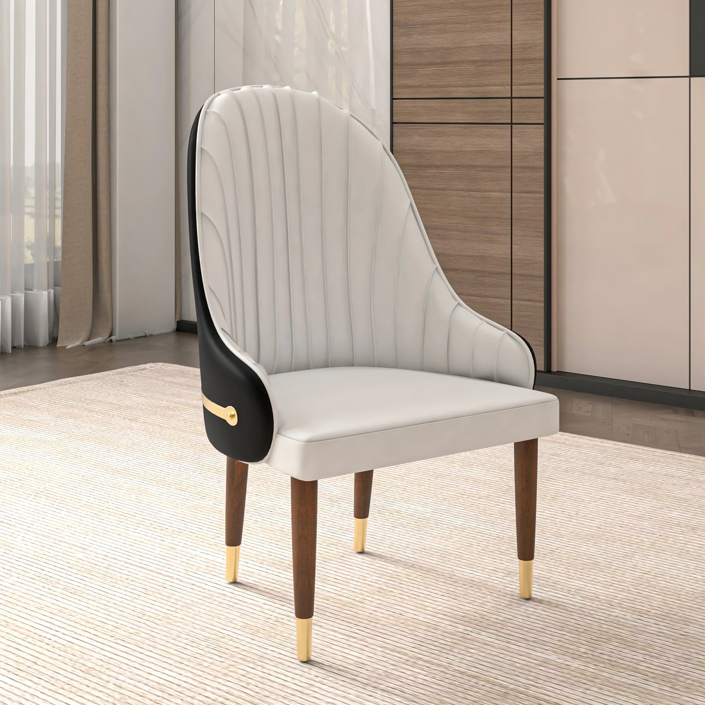 Elara Leather Dining Chair with Elegant Ripple Back and Gold Accents in Rubberwood - Elax Furniture