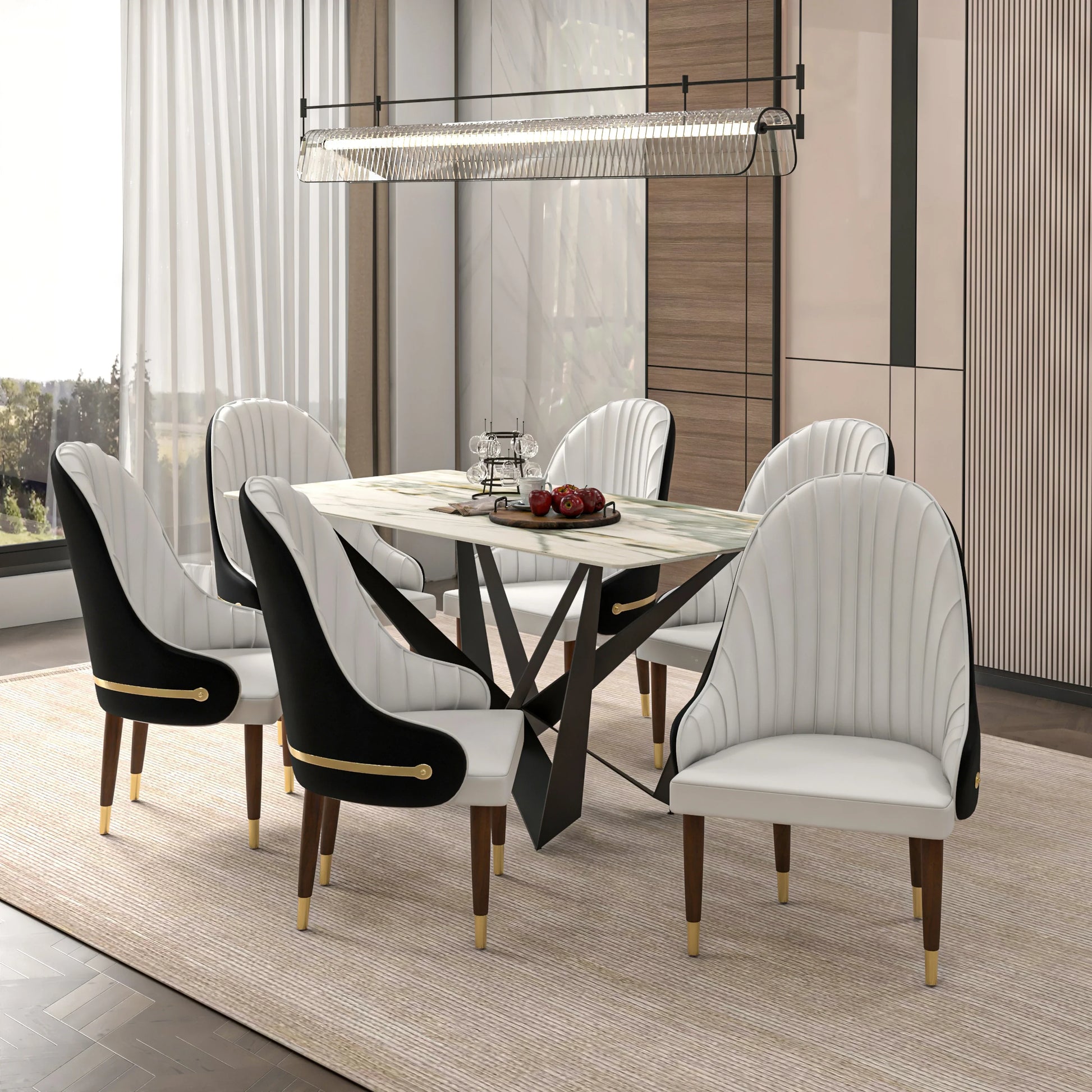 Elara Leather Dining Chair with Elegant Ripple Back and Gold Accents in Rubberwood - Elax Furniture