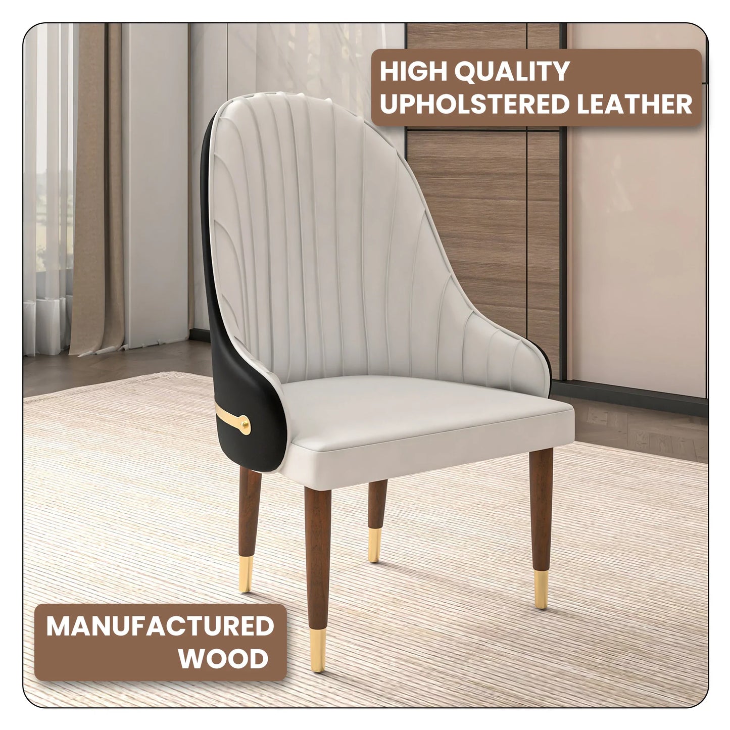 Elara Leather Dining Chair with Elegant Ripple Back and Gold Accents in Rubberwood - Elax Furniture