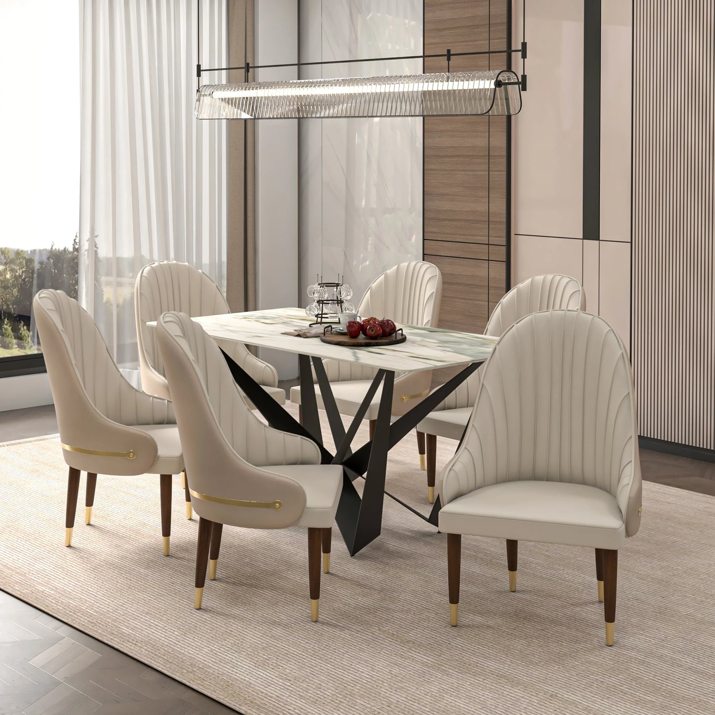 Elara Leather Dining Chair with Elegant Ripple Back and Gold Accents in Rubberwood - Elax Furniture