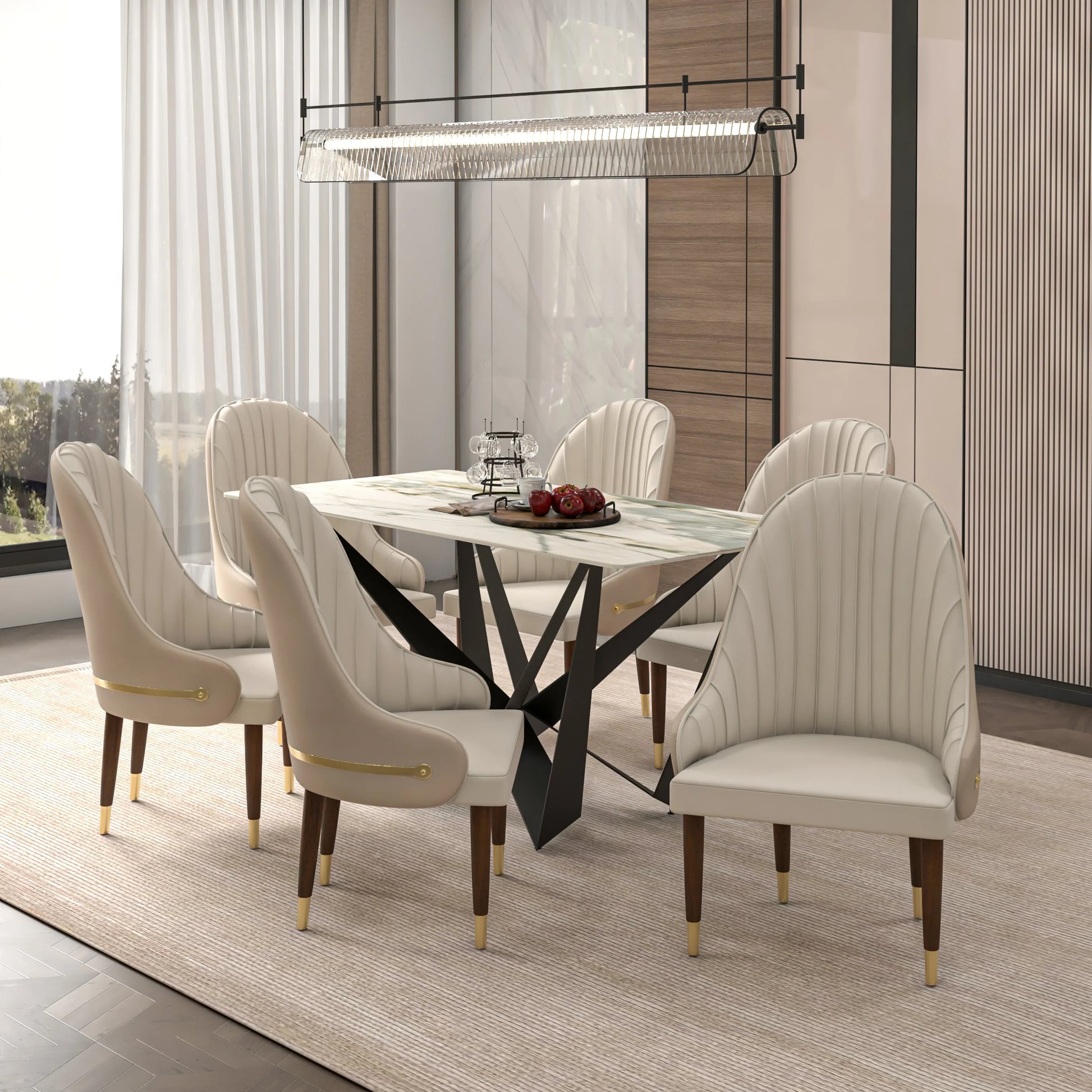 Elara Leather Dining Chair with Elegant Ripple Back and Gold Accents in Rubberwood - Elax Furniture