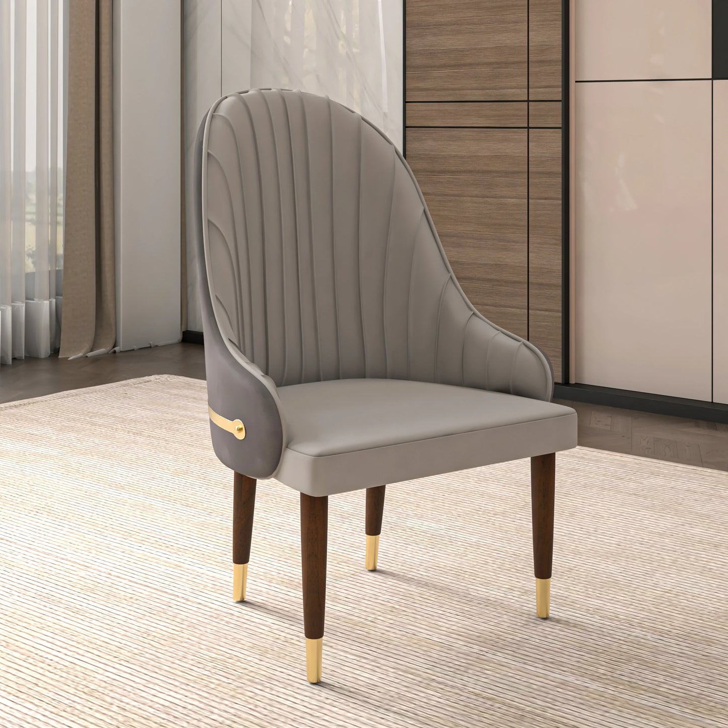 Elara Leather Dining Chair with Elegant Ripple Back and Gold Accents in Rubberwood - Elax Furniture