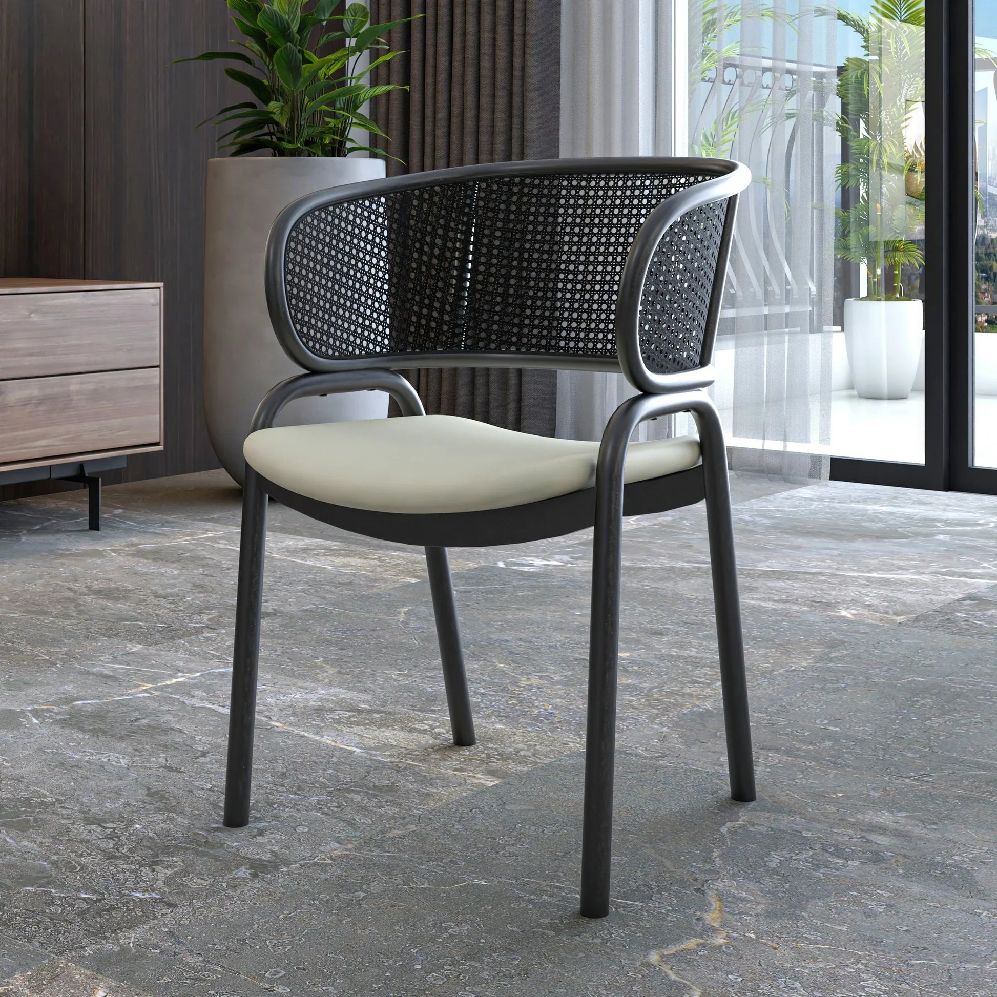 Ervilla Dining Armchair with White/Black Steel Legs and Black/Brown Wicker Back - Elax Furniture