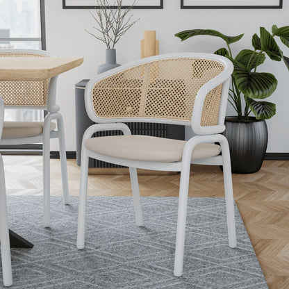 Ervilla Modern Dining Armchair with White Powder Coated Steel Legs and Wicker Back Set of 2 - Elax Furniture