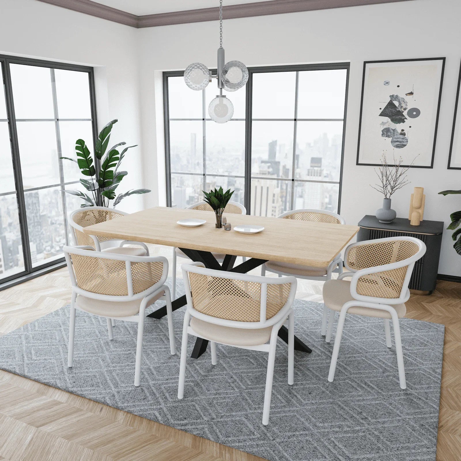 Ervilla Modern Dining Armchair with White Powder Coated Steel Legs and Wicker Back Set of 4 - Elax Furniture