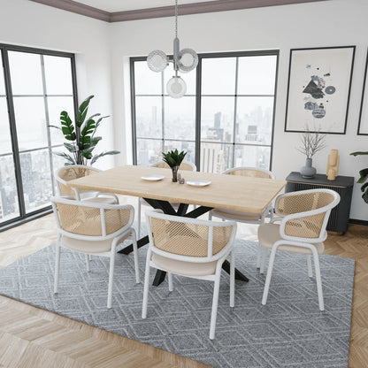 Ervilla Modern Dining Armchair with White Powder Coated Steel Legs and Wicker Back Set of 4 - Elax Furniture