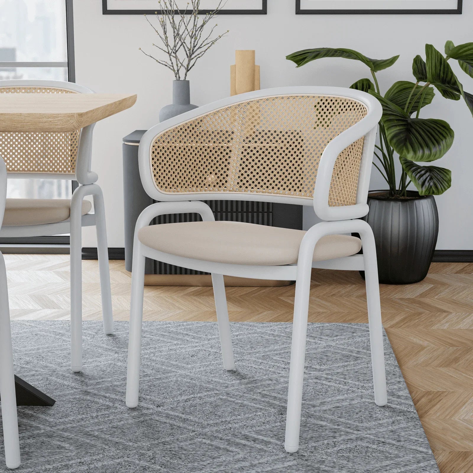 Ervilla Modern Dining Armchair with White Powder Coated Steel Legs and Wicker Back Set of 4 - Elax Furniture