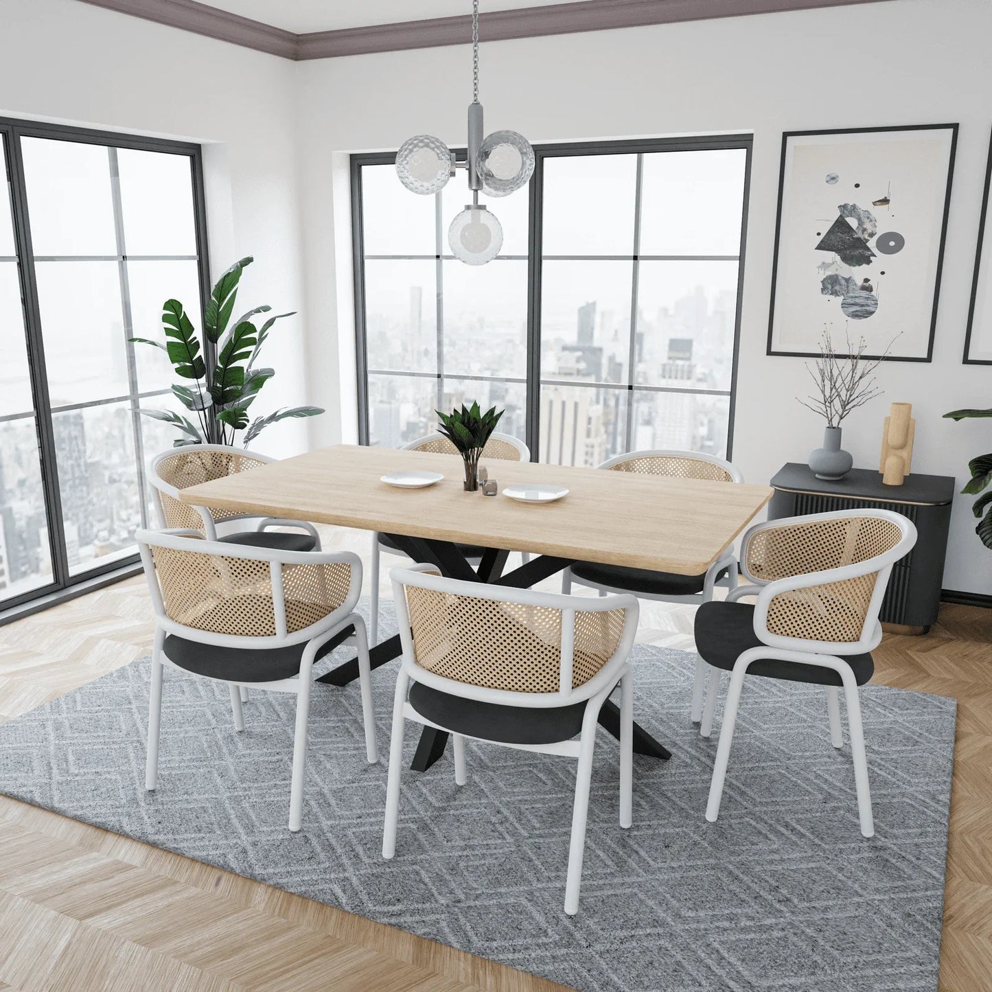 Ervilla Modern Dining Armchair with White Powder Coated Steel Legs and Wicker Back Set of 4 - Elax Furniture