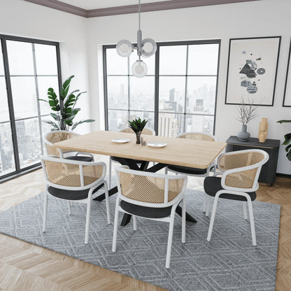 Ervilla Modern Dining Armchair with White Powder Coated Steel Legs and Wicker Back Set of 4 - Elax Furniture