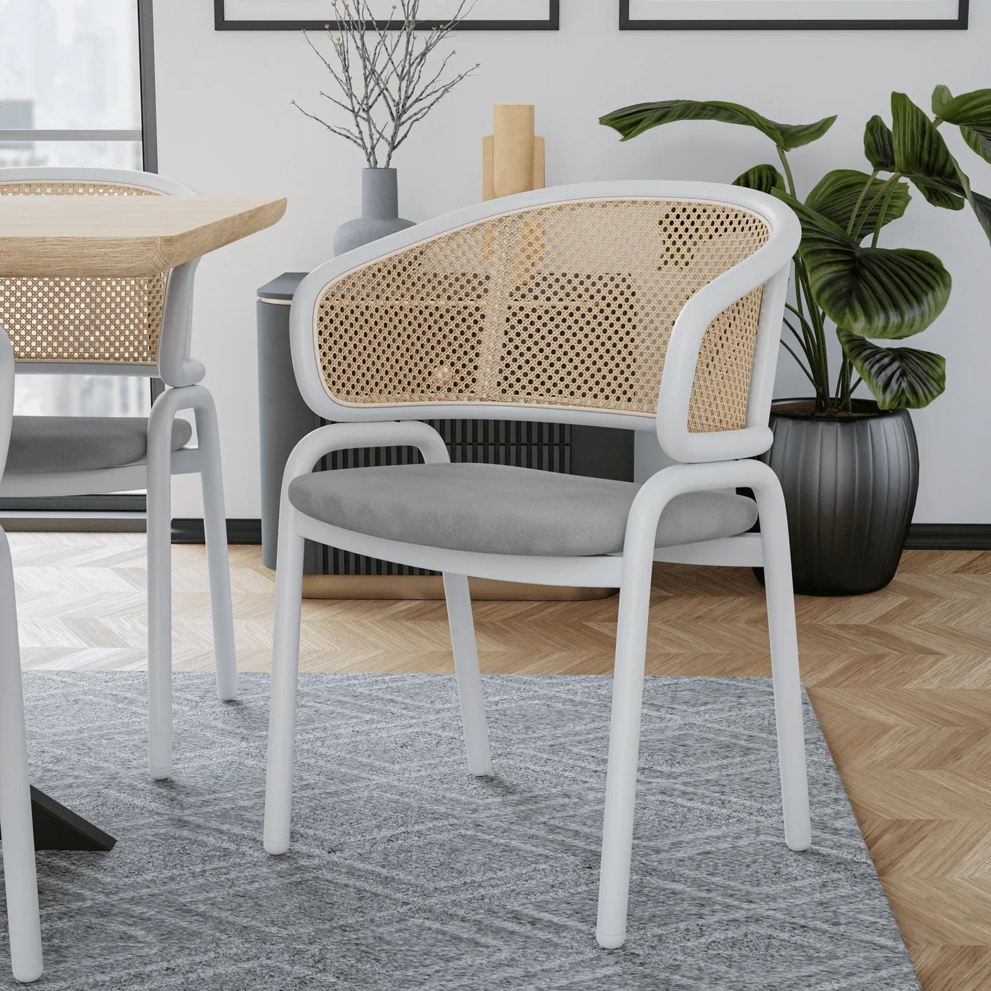 Ervilla Modern Dining Armchair with White Powder Coated Steel Legs and Wicker Back Set of 2 - Elax Furniture