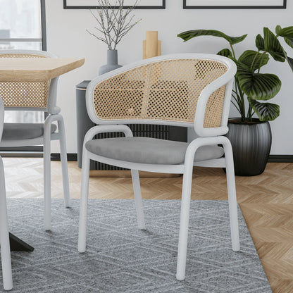 Ervilla Modern Dining Armchair with White Powder Coated Steel Legs and Wicker Back Set of 2 - Elax Furniture