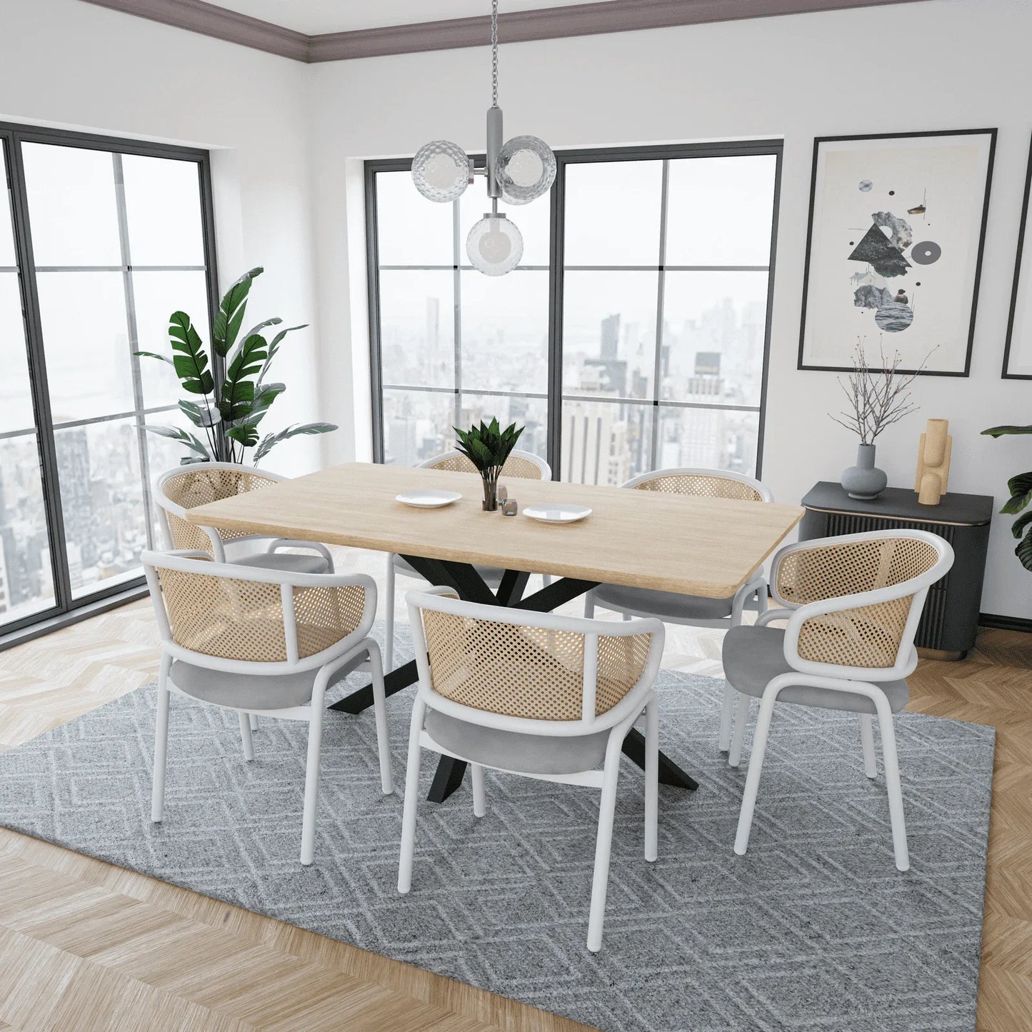 Ervilla Modern Dining Armchair with White Powder Coated Steel Legs and Wicker Back Set of 4 - Elax Furniture