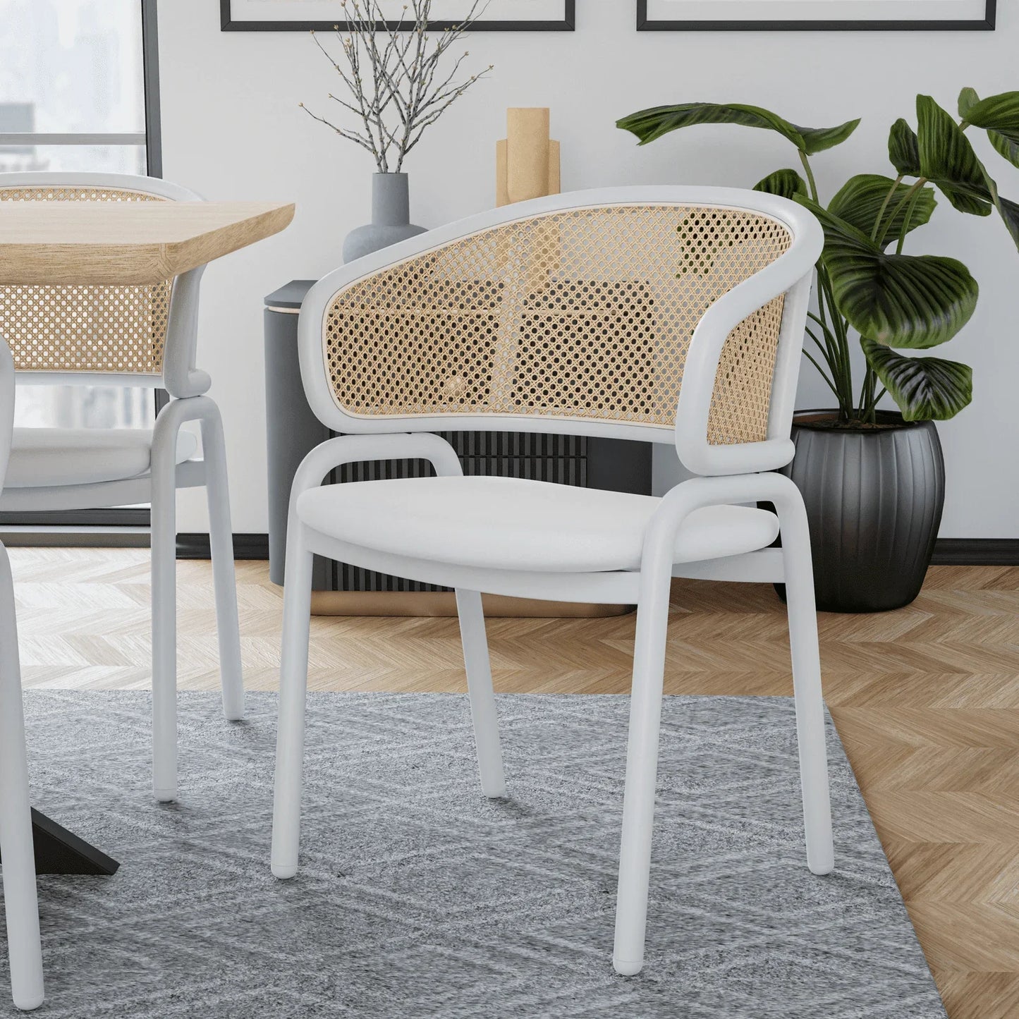 Ervilla Modern Dining Armchair with White Powder Coated Steel Legs and Wicker Back Set of 2 - Elax Furniture