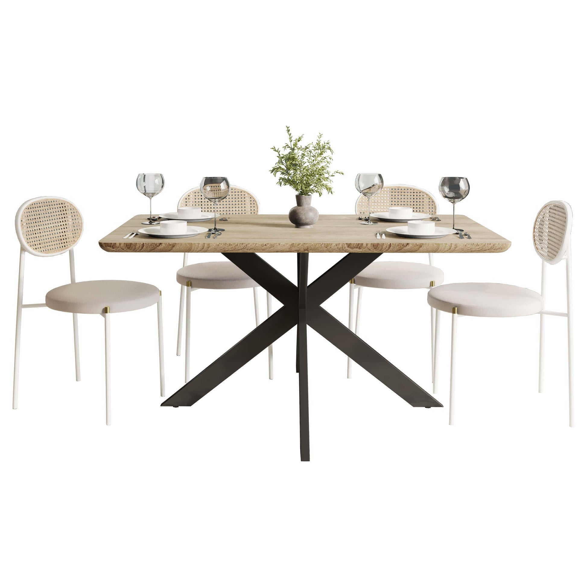 Ravenna 5-Piece Dining Set with 63" Rectangular Dining Table in Maple with 4 Velvet Dining Chairs in White Steel Legs - Elax Furniture