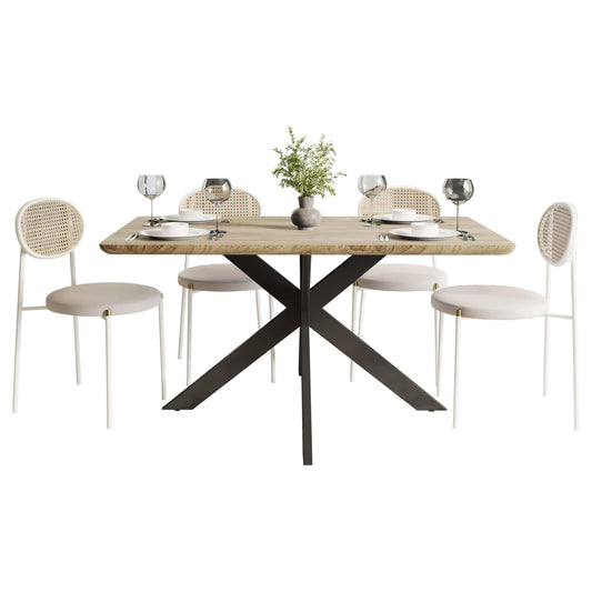 Ravenna 5-Piece Dining Set with 63" Rectangular Dining Table in Maple with 4 Velvet Dining Chairs in White Steel Legs - Elax Furniture