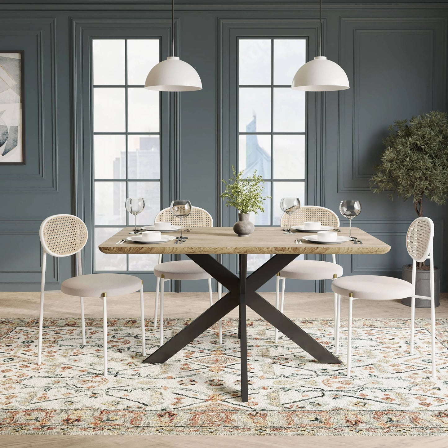 Ravenna 5-Piece Dining Set with 63" Rectangular Dining Table in Maple with 4 Velvet Dining Chairs in White Steel Legs - Elax Furniture