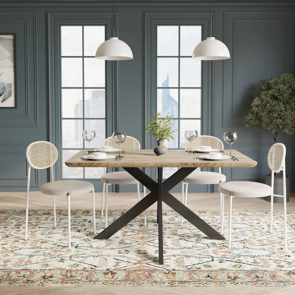 Ravenna 5-Piece Dining Set with 63" Rectangular Dining Table in Maple with 4 Velvet Dining Chairs in White Steel Legs