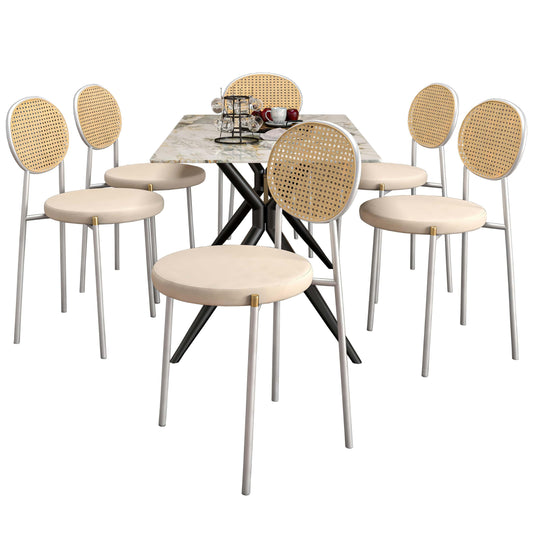 Elega 7-Piece Dining Set with Rectangular Sintered Stone Table and 6 Velvet Side Chairs with Wicker Back - Elax Furniture