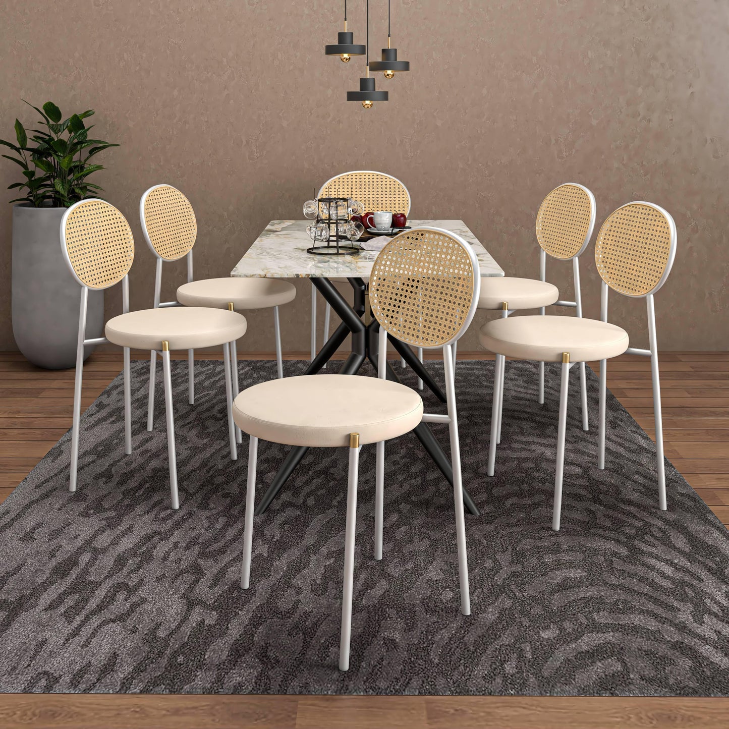 Elega 7-Piece Dining Set with Rectangular Sintered Stone Table and 6 Velvet Side Chairs with Wicker Back - Elax Furniture