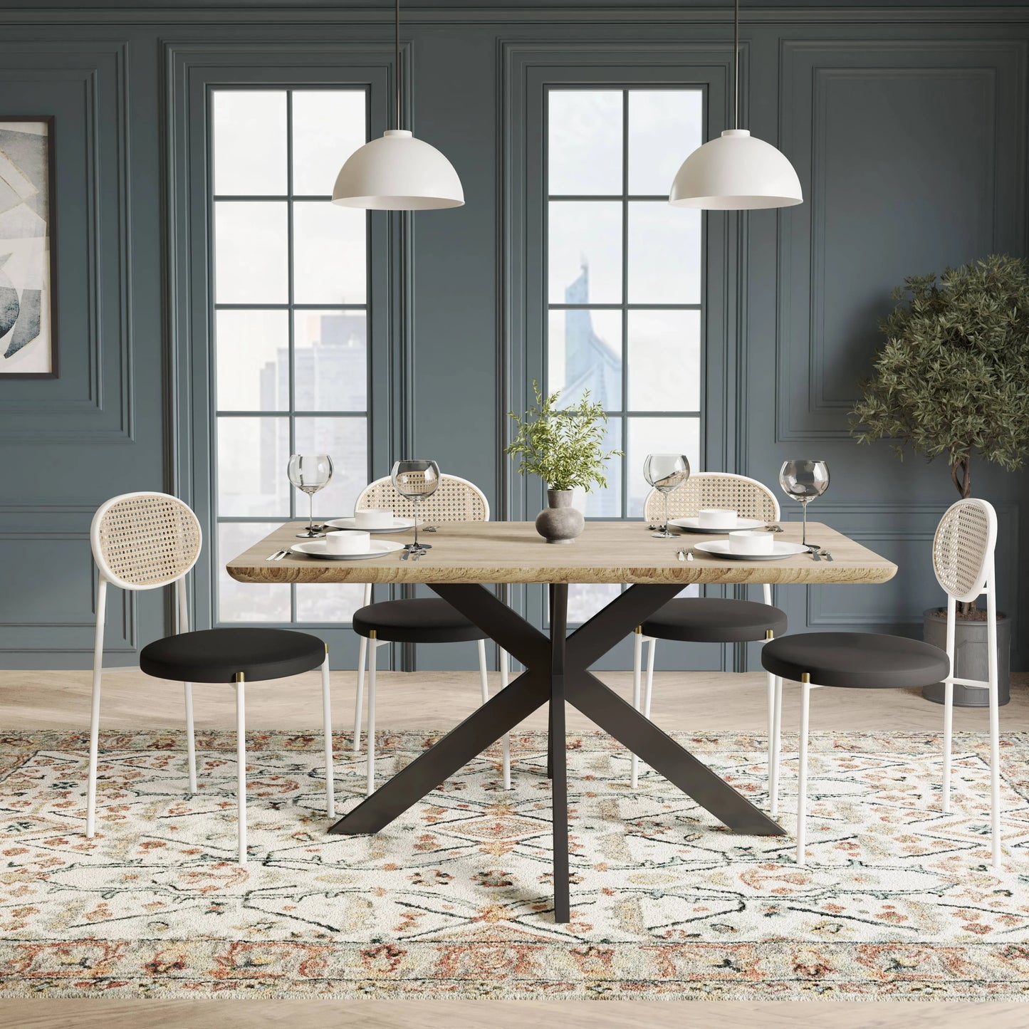 Ravenna 5-Piece Dining Set with 63" Rectangular Dining Table in Maple with 4 Velvet Dining Chairs in White Steel Legs - Elax Furniture