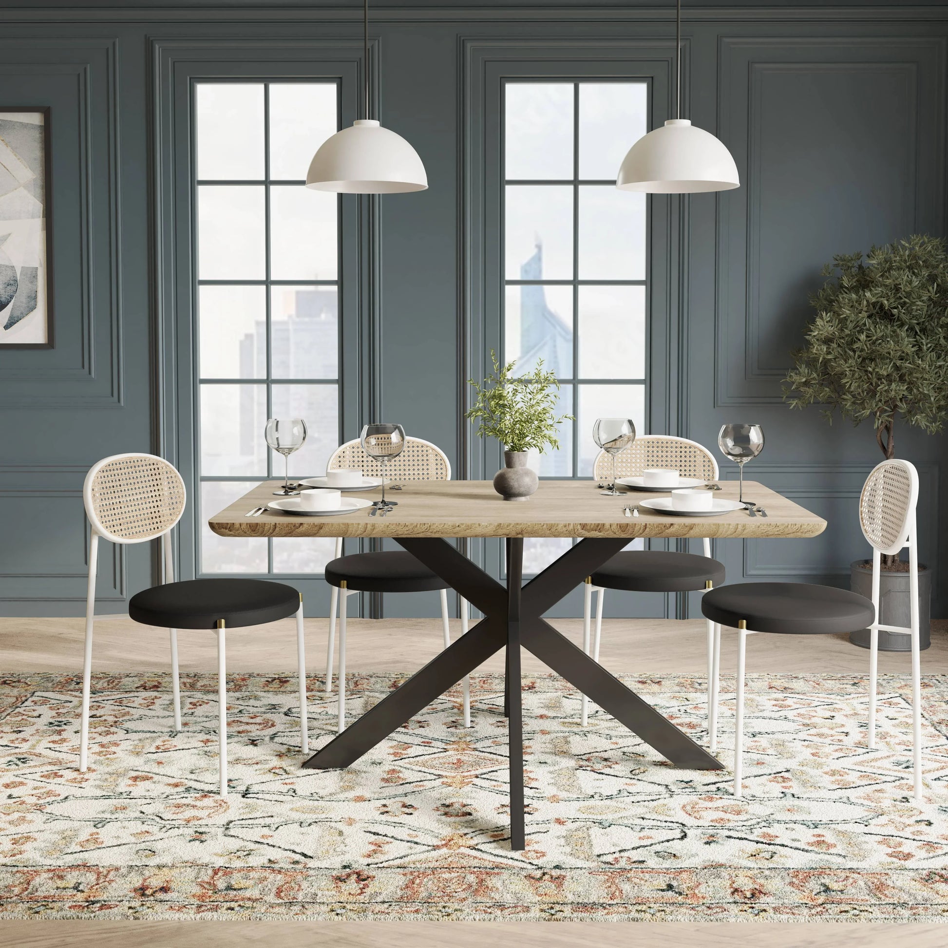 Ravenna 5-Piece Dining Set with 63" Rectangular Dining Table in Maple with 4 Velvet Dining Chairs in White Steel Legs - Elax Furniture