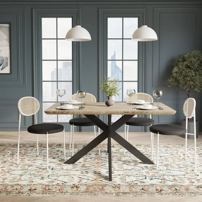 Ravenna 5-Piece Dining Set with 63" Rectangular Dining Table in Maple with 4 Velvet Dining Chairs in White Steel Legs - Elax Furniture