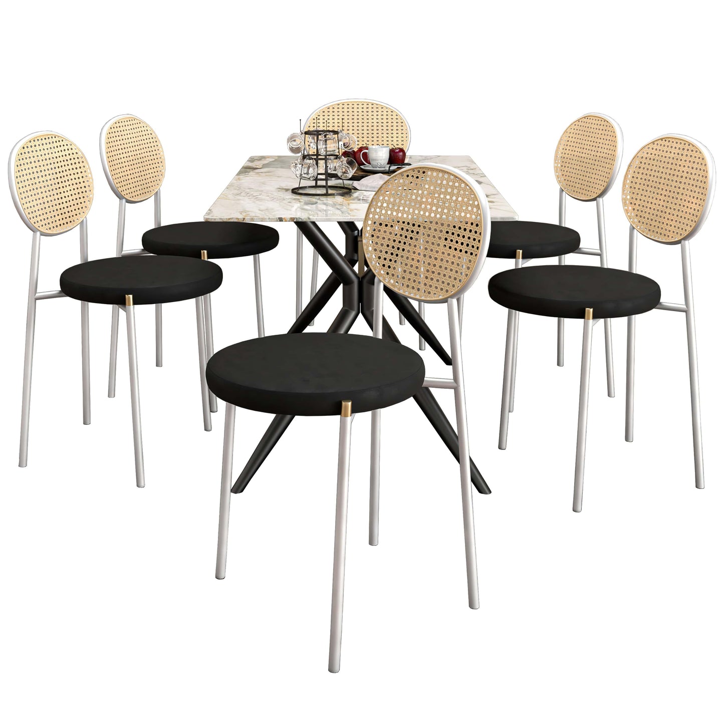 Elega 7-Piece Dining Set with Rectangular Sintered Stone Table and 6 Velvet Side Chairs with Wicker Back - Elax Furniture