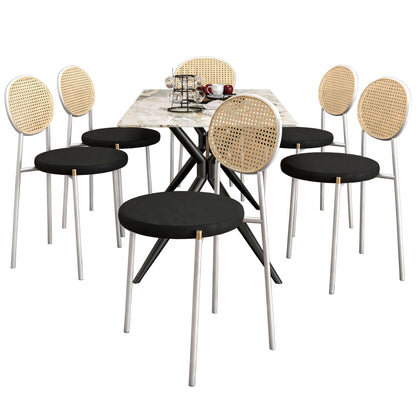 Elega 7-Piece Dining Set with Rectangular Sintered Stone Table and 6 Velvet Side Chairs with Wicker Back - Elax Furniture