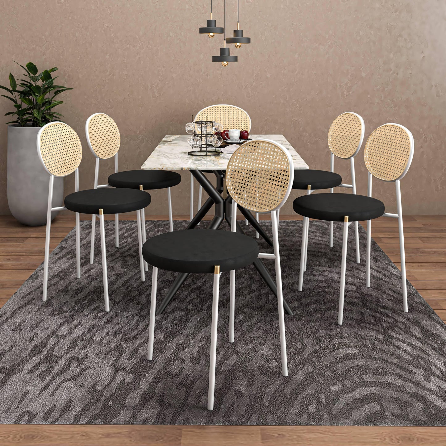 Elega 7-Piece Dining Set with Rectangular Sintered Stone Table and 6 Velvet Side Chairs with Wicker Back - Elax Furniture