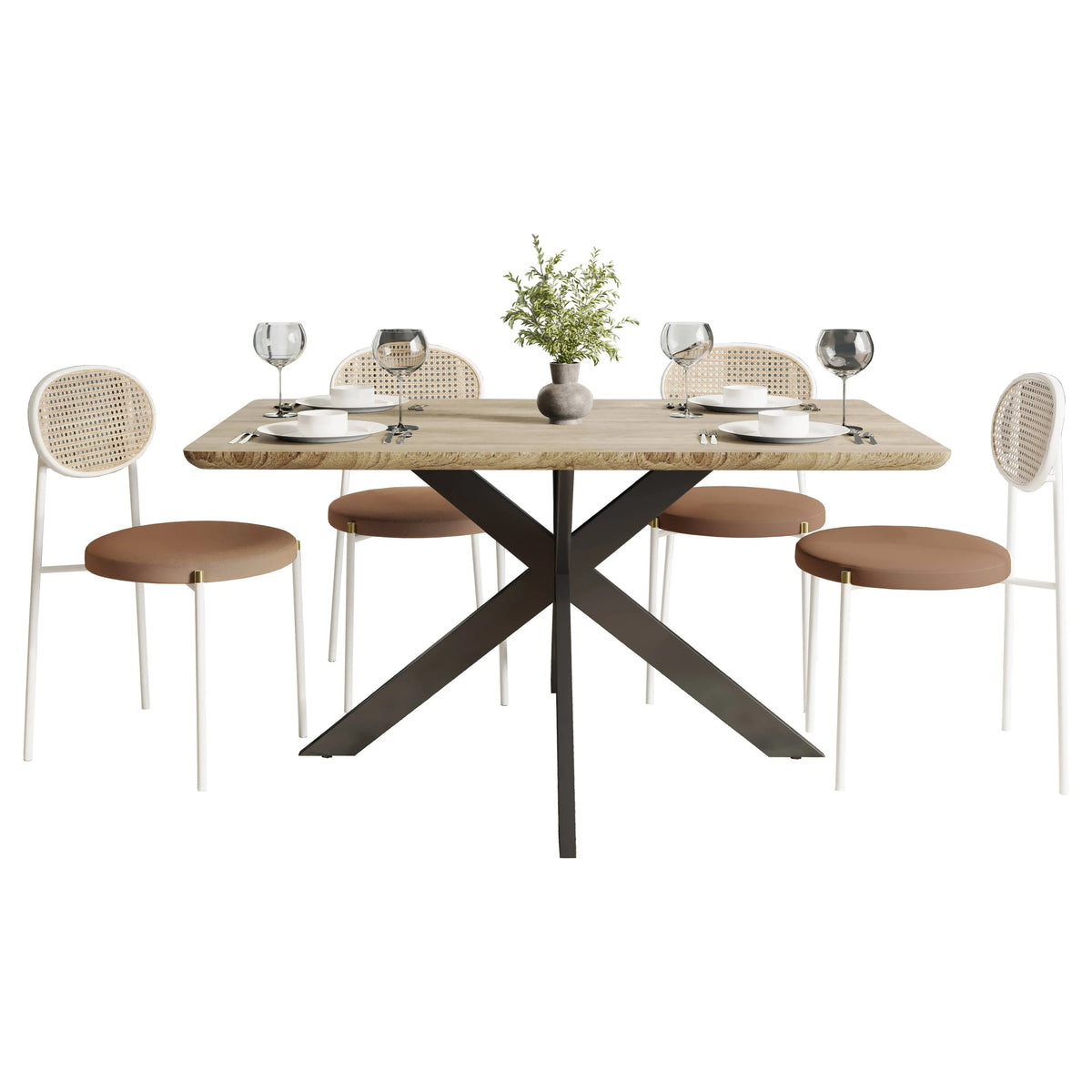 Ravenna 5-Piece Dining Set with 63" Rectangular Dining Table in Maple with 4 Velvet Dining Chairs in White Steel Legs - Elax Furniture