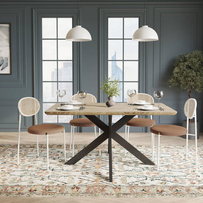 Ravenna 5-Piece Dining Set with 63" Rectangular Dining Table in Maple with 4 Velvet Dining Chairs in White Steel Legs - Elax Furniture