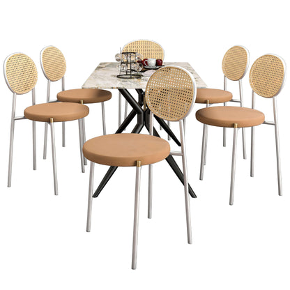 Elega 7-Piece Dining Set with Rectangular Sintered Stone Table and 6 Velvet Side Chairs with Wicker Back - Elax Furniture