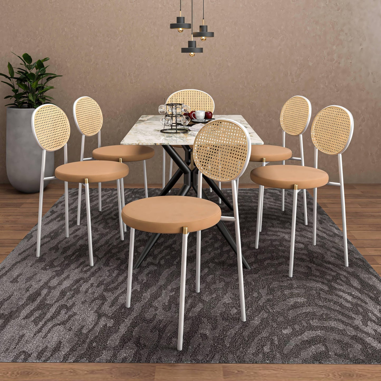 Elega 7-Piece Dining Set with Rectangular Sintered Stone Table and 6 Velvet Side Chairs with Wicker Back - Elax Furniture