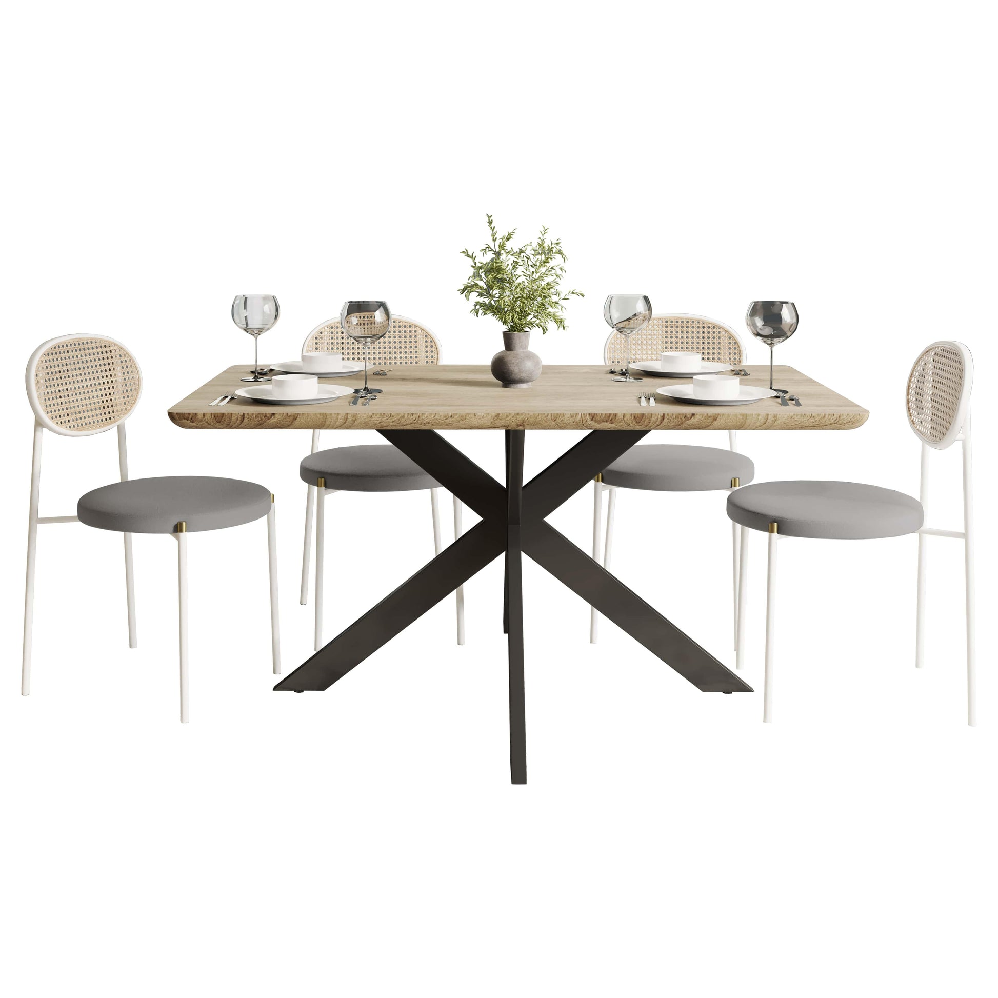 Ravenna 5-Piece Dining Set with 63" Rectangular Dining Table in Maple with 4 Velvet Dining Chairs in White Steel Legs - Elax Furniture