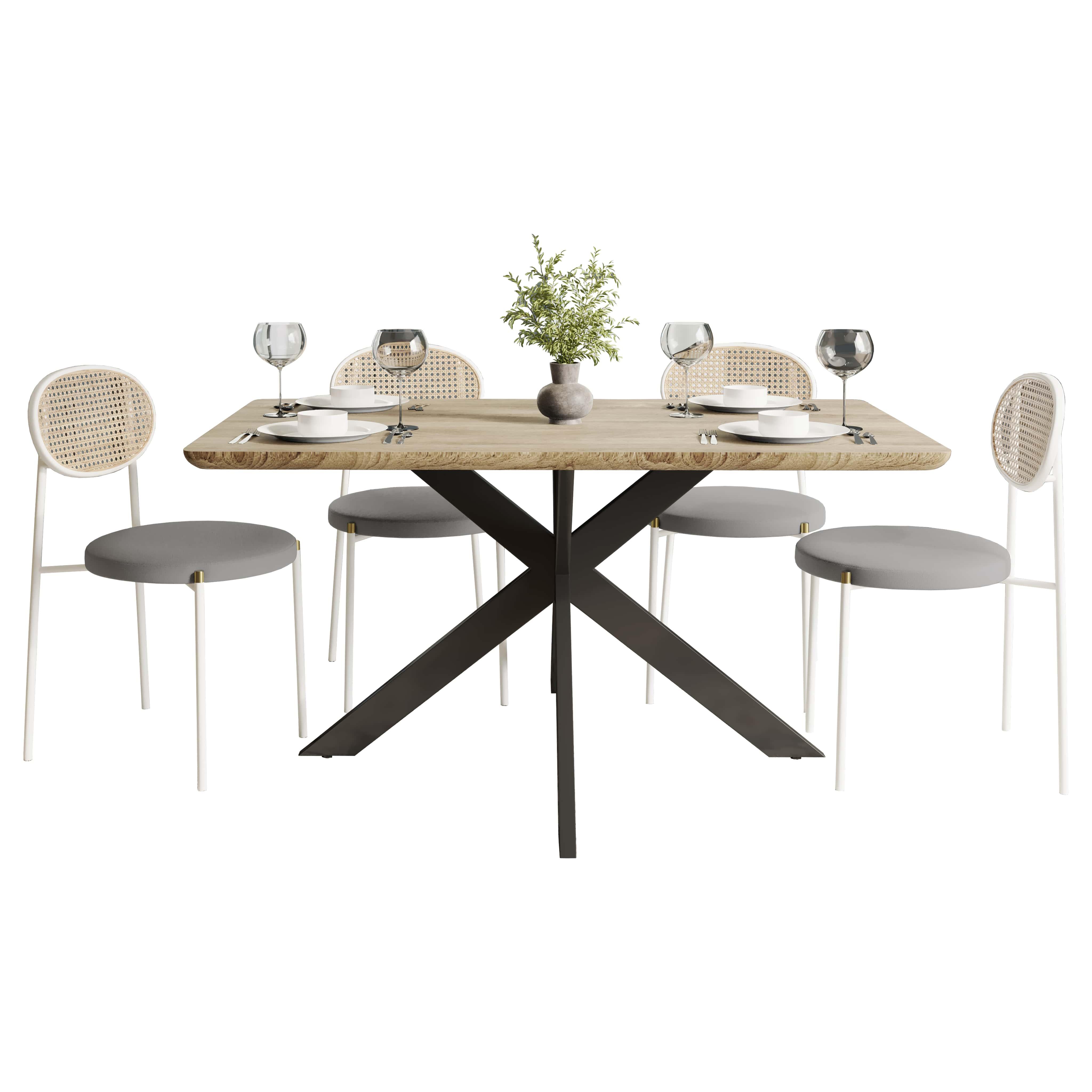 Ravenna 5-Piece Dining Set with 63" Rectangular Dining Table in Maple with 4 Velvet Dining Chairs in White Steel Legs - Elax Furniture