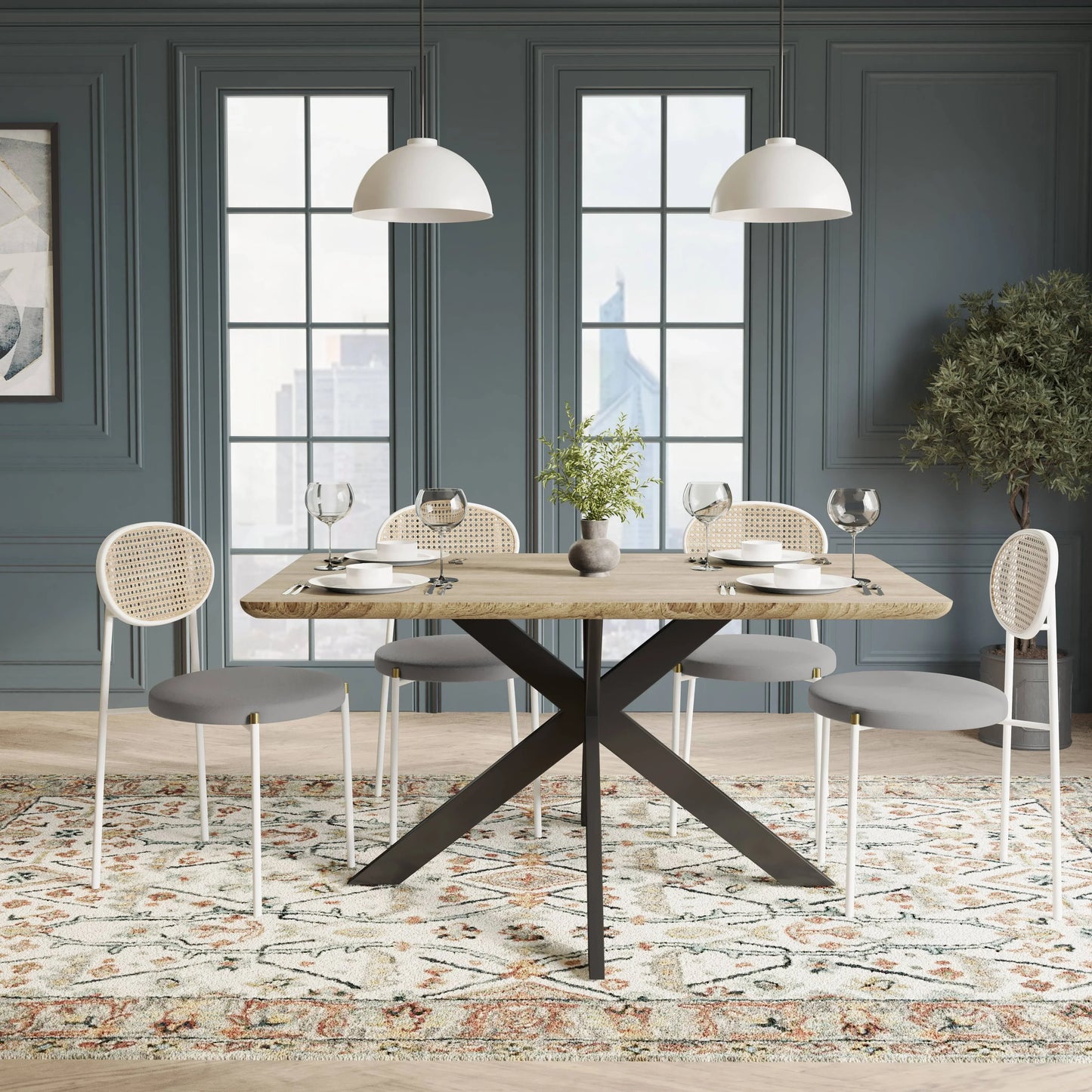 Ravenna 5-Piece Dining Set with 63" Rectangular Dining Table in Maple with 4 Velvet Dining Chairs in White Steel Legs - Elax Furniture