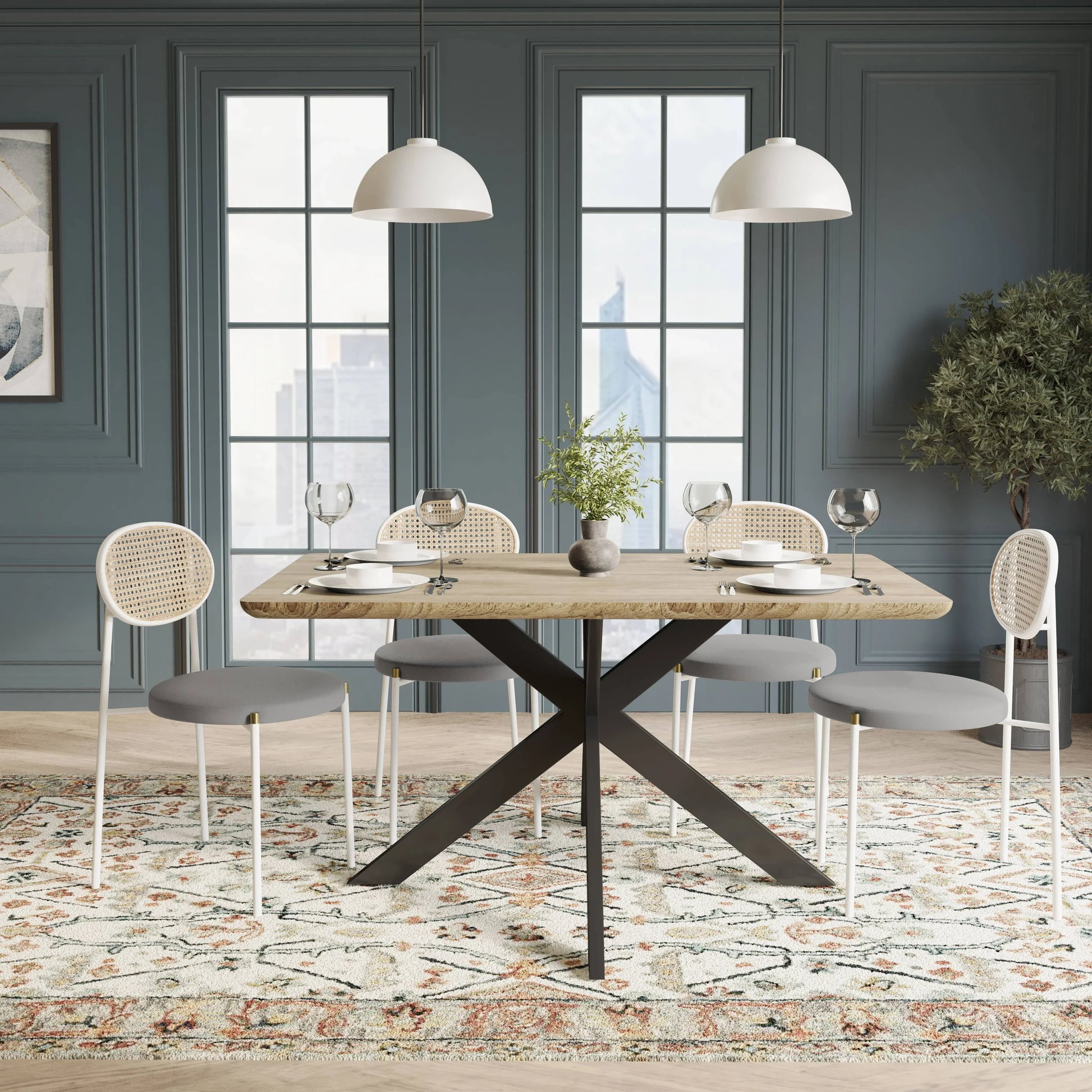Ravenna 5-Piece Dining Set with 63" Rectangular Dining Table in Maple with 4 Velvet Dining Chairs in White Steel Legs - Elax Furniture