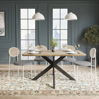 Ravenna 5-Piece Dining Set with 63" Rectangular Dining Table in Maple with 4 Velvet Dining Chairs in White Steel Legs - Elax Furniture