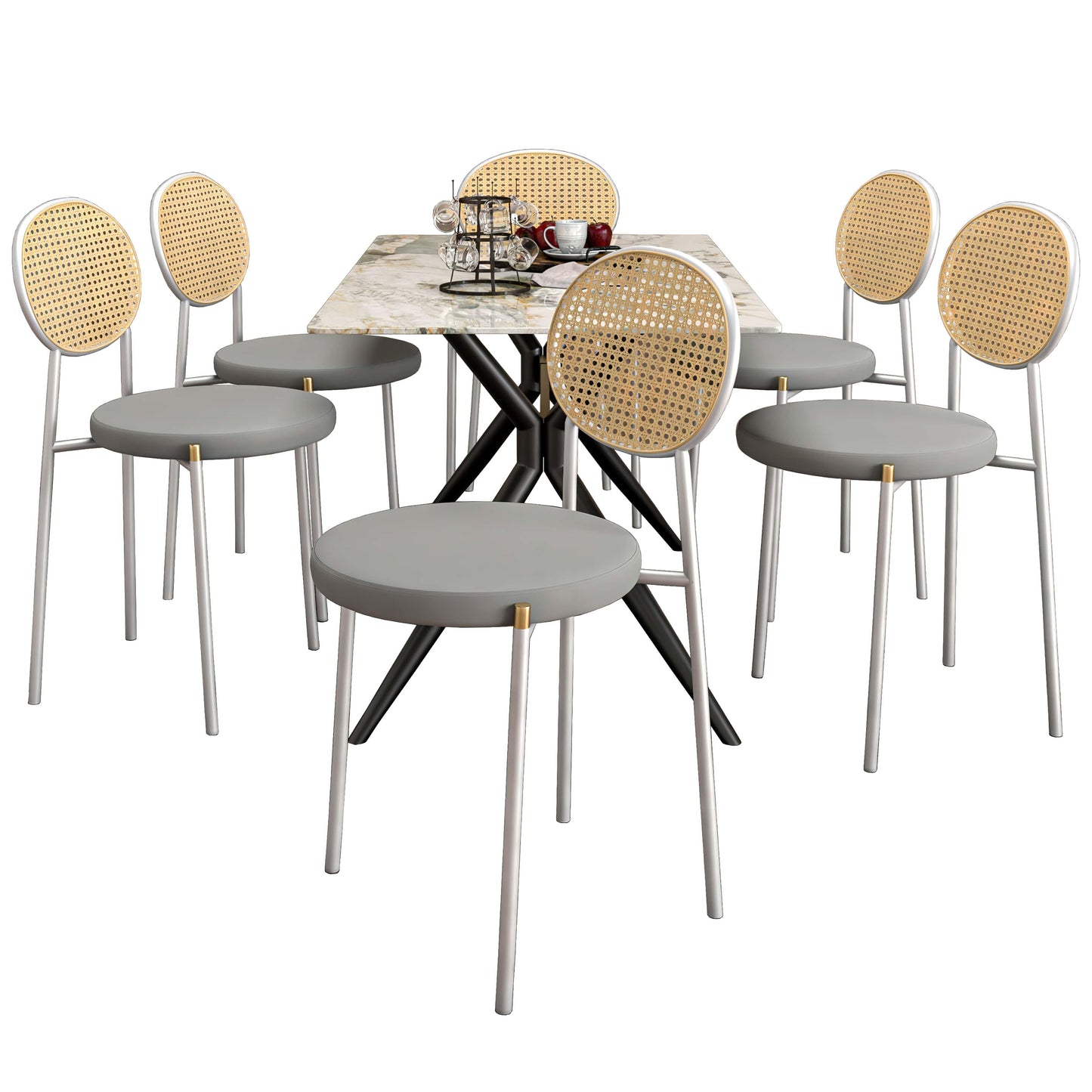 Elega 7-Piece Dining Set with Rectangular Sintered Stone Table and 6 Velvet Side Chairs with Wicker Back - Elax Furniture